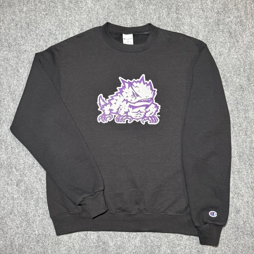 TCU‎ Horned Frogs Sweatshirt Mens Medium Black Pullover Crewneck Champion Mascot